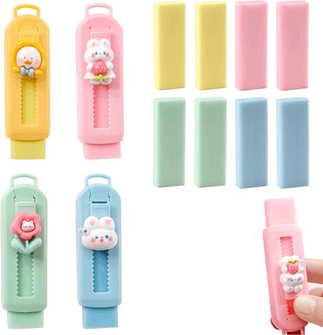 4+8 Pack Cute Sliding Retractable Eraser, 4 Color Erasers with Plastic Sleeve and 8 Refill for Students, Kids, School, Office, Home in Saudi Arabia