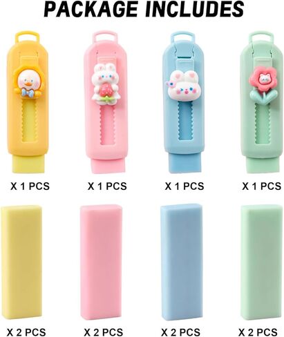 4+8 Pack Cute Sliding Retractable Eraser, 4 Color Erasers with Plastic Sleeve and 8 Refill for Students, Kids, School, Office, Home in Saudi Arabia