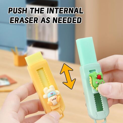 4+8 Pack Cute Sliding Retractable Eraser, 4 Color Erasers with Plastic Sleeve and 8 Refill for Students, Kids, School, Office, Home in Saudi Arabia