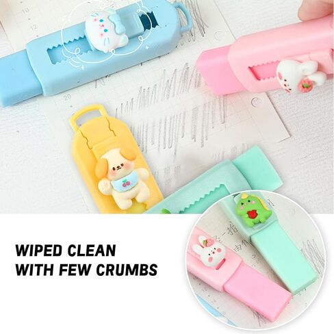 4+8 Pack Cute Sliding Retractable Eraser, 4 Color Erasers with Plastic Sleeve and 8 Refill for Students, Kids, School, Office, Home in Saudi Arabia