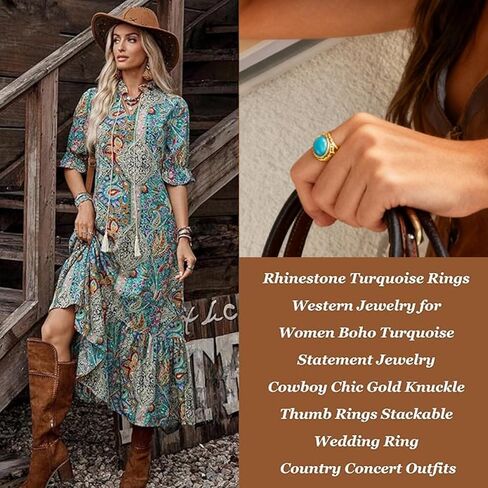 Turquoise Rings for Women Western Outfit Gold Knuckle Statement Stackable Ring Wedding Dresses Christmas Jewelry Gifts in Saudi Arabia