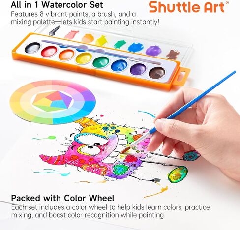 Shuttle Art 8 Colors Watercolor Paint Set, 24 Pack with Paint Brushes & Color Wheels, Washable for Kids & Adults, Suitable for Classroom, Parties, Kindergarten & Art Activities in Saudi Arabia