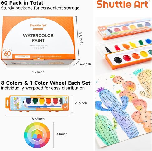 Shuttle Art 8 Colors Watercolor Paint Set, 24 Pack with Paint Brushes & Color Wheels, Washable for Kids & Adults, Suitable for Classroom, Parties, Kindergarten & Art Activities in Saudi Arabia