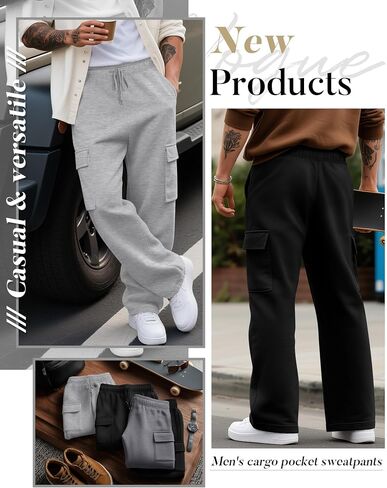 3 Pack Men's Cargo Sweatpants Drawstring Straight Leg Pants Casual Lounge Baggy Open Bottom Jogger with Pockets in Kuwait