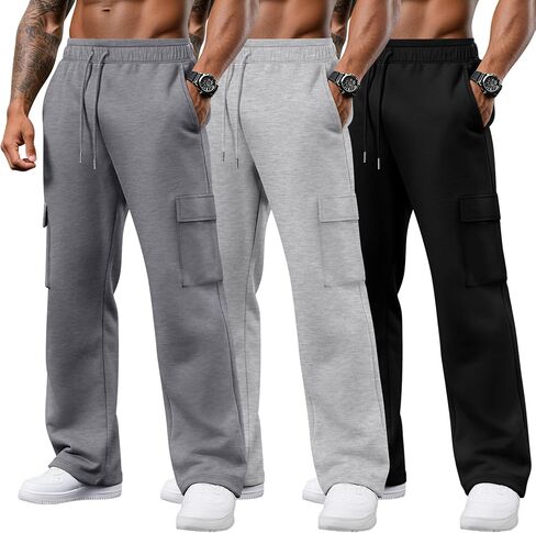 3 Pack Men's Cargo Sweatpants Drawstring Straight Leg Pants Casual Lounge Baggy Open Bottom Jogger with Pockets in Kuwait