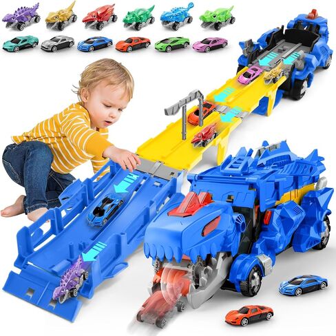 Dinosaur Car Toy with 12 Alloy Cars,45 inch Foldable Track & Launch Button for Two-Player Racing,Transforms into Dino & Swallow System,Ideal Xmas Birthday Gift for Boys Girls Ages 3-12 (Blue) in Saudi Arabia