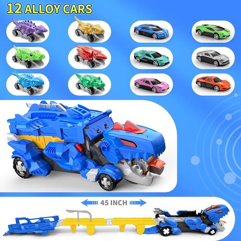Dinosaur Car Toy with 12 Alloy Cars,45 inch Foldable Track & Launch Button for Two-Player Racing,Transforms into Dino & Swallow System,Ideal Xmas Birthday Gift for Boys Girls Ages 3-12 (Blue) in Saudi Arabia
