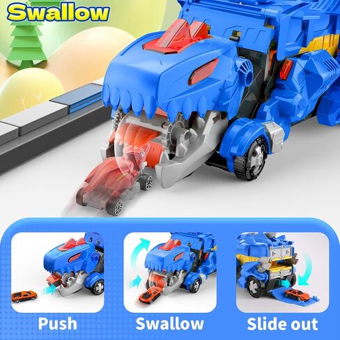 Dinosaur Car Toy with 12 Alloy Cars,45 inch Foldable Track & Launch Button for Two-Player Racing,Transforms into Dino & Swallow System,Ideal Xmas Birthday Gift for Boys Girls Ages 3-12 (Blue) in Saudi Arabia