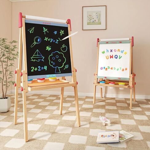 WINGYZ Easel for Kids – 3-in-1 Art Easel with Chalkboard, Magnetic Whiteboard & 400" Paper Roll, Adjustable Wooden Drawing Board for Home, Classroom & Outdoor, Creative Gift for Toddlers & Kids 2-12 in Kuwait