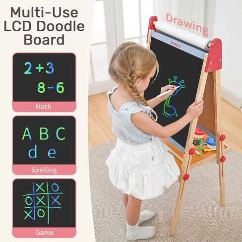 WINGYZ Easel for Kids – 3-in-1 Art Easel with Chalkboard, Magnetic Whiteboard & 400" Paper Roll, Adjustable Wooden Drawing Board for Home, Classroom & Outdoor, Creative Gift for Toddlers & Kids 2-12 in Kuwait