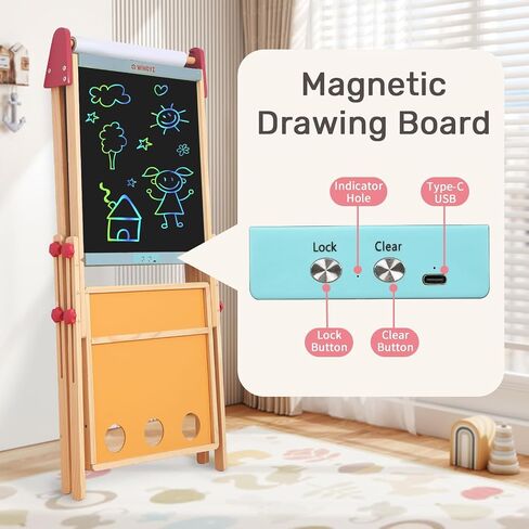 WINGYZ Easel for Kids – 3-in-1 Art Easel with Chalkboard, Magnetic Whiteboard & 400" Paper Roll, Adjustable Wooden Drawing Board for Home, Classroom & Outdoor, Creative Gift for Toddlers & Kids 2-12 in Kuwait