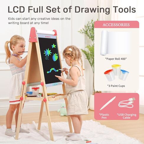 WINGYZ Easel for Kids – 3-in-1 Art Easel with Chalkboard, Magnetic Whiteboard & 400" Paper Roll, Adjustable Wooden Drawing Board for Home, Classroom & Outdoor, Creative Gift for Toddlers & Kids 2-12 in Kuwait
