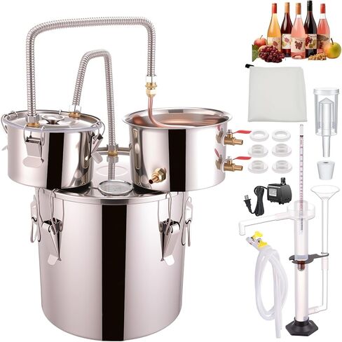 Shine Still 5 Gal 3 Pots Distillery Kit للكحول أنبوب النحاس من الفولاذ المقاوم للصدأ مكتملًا بمضخة المياه المعدنية المضادة للمياه المعدنية تخمير الخطوط الجوية للتقطير للويسكي والبراندي وما إلى ذلك. in Kuwait