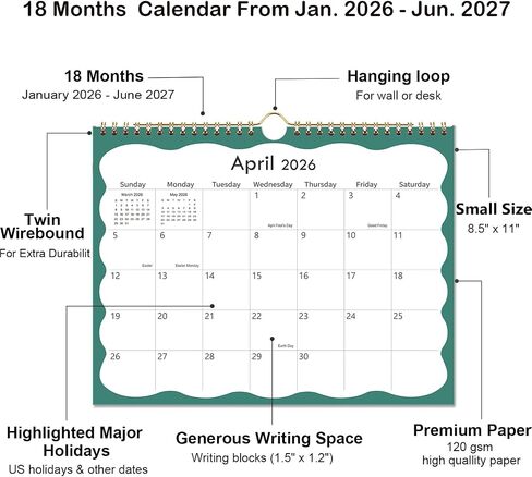 2026 Calendar - Wall Calendar 2026-2027 Runs from January 2026 Until June 2027, 8.5'' x 11'', 2026 Small Calendar with Spiral Binding, The Perfect Wall Calendar Planner for Easy Organizing, Black in Saudi Arabia