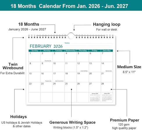 2026 التقويم - تقويم الحائط 2026-2027 يستمر من يناير 2026 حتى يونيو 2027 ، 8.5 '× 11' '، 2026 تقويم صغير مع ربط حلزوني ، مخطط تقويم الجدار المثالي للتنظيم السهل ، الأسود ، الأسود in Kuwait