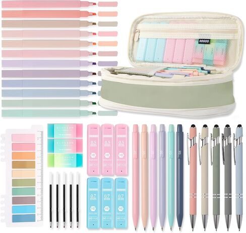 39PCS Aesthetic School Supplies with Cute Pencil Case, 5X Ballpoint Pens with Stylus Tip, 12X Pastel Highlighters, 6X Mechanical Pencil Set 0.5 & 0.7mm, Suit for Stationary College Essentials in Kuwait
