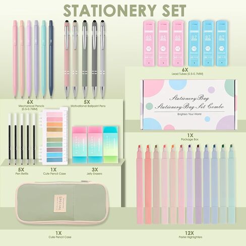 39PCS Aesthetic School Supplies with Cute Pencil Case, 5X Ballpoint Pens with Stylus Tip, 12X Pastel Highlighters, 6X Mechanical Pencil Set 0.5 & 0.7mm, Suit for Stationary College Essentials in Kuwait