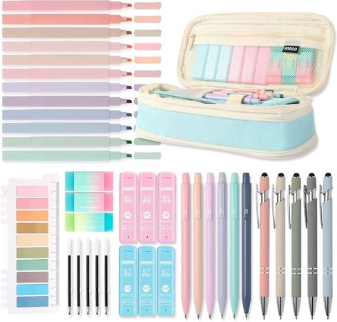 39PCS Aesthetic School Supplies with Cute Pencil Case, 5X Ballpoint Pens with Stylus Tip, 12X Pastel Highlighters, 6X Mechanical Pencil Set 0.5 & 0.7mm, Suit for Stationary College Essentials in Kuwait
