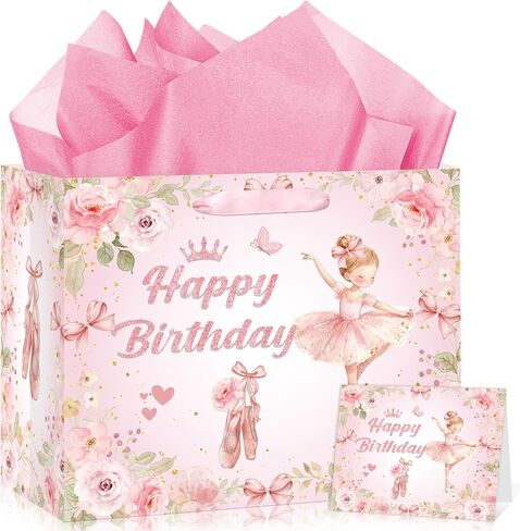 Neptniopllab Ballerina Birthday Gift Bags, Ballet Wrapping Paper Bag Pink Ballerina Party Decoration Gift Bag with Tissue Paper and Greeting Card for Women Ballerina Themed Birthday Party Supplies in Saudi Arabia