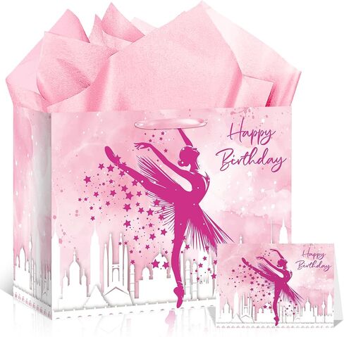 Neptniopllab Ballerina Birthday Gift Bags, Ballet Wrapping Paper Bag Pink Ballerina Party Decoration Gift Bag with Tissue Paper and Greeting Card for Women Ballerina Themed Birthday Party Supplies in Saudi Arabia