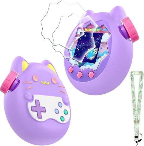 KONXISA For Tamagotchi Paradise Case Cover, Protective Case with Cute Lanyard, Soft Silicone Protective Cover with 2-Pack Screen Protector, Protective Shell with Dustproof and Shockproof, Pink in Kuwait