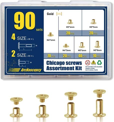 ArcNascency 130 Sets Gold Chicago Screws Leather Rivets Kit, 7 Sizes (M5*4,5,6,8,10,12,15) & 3 Screw Lengths (M4*3,4,5) for Belts, Bookbinding, DIY Leather (Gold) in Saudi Arabia
