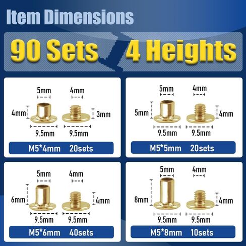 ArcNascency 130 Sets Gold Chicago Screws Leather Rivets Kit, 7 Sizes (M5*4,5,6,8,10,12,15) & 3 Screw Lengths (M4*3,4,5) for Belts, Bookbinding, DIY Leather (Gold) in Saudi Arabia