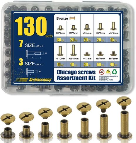 ArcNascency 130 Sets Gold Chicago Screws Leather Rivets Kit, 7 Sizes (M5*4,5,6,8,10,12,15) & 3 Screw Lengths (M4*3,4,5) for Belts, Bookbinding, DIY Leather (Gold) in Saudi Arabia