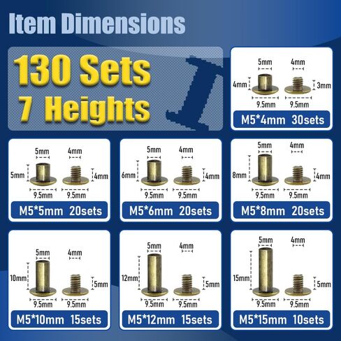 ArcNascency 130 Sets Gold Chicago Screws Leather Rivets Kit, 7 Sizes (M5*4,5,6,8,10,12,15) & 3 Screw Lengths (M4*3,4,5) for Belts, Bookbinding, DIY Leather (Gold) in Saudi Arabia