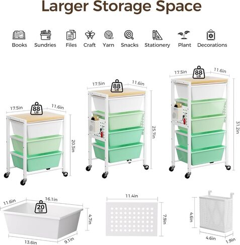 عربة مرفوعة مع 3 أدراج ، عربات تخزين للأدراج البلاستيكية مع عجلات قابلة للقفل والطاولة الخشبية ، منظم العربة المعدنية ، منظمة حرفة في غرفة نوم المكاتب ، تخزين أبيض مشرق in Kuwait