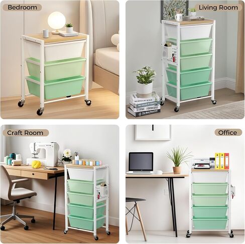 عربة مرفوعة مع 3 أدراج ، عربات تخزين للأدراج البلاستيكية مع عجلات قابلة للقفل والطاولة الخشبية ، منظم العربة المعدنية ، منظمة حرفة في غرفة نوم المكاتب ، تخزين أبيض مشرق in Kuwait