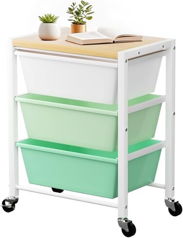 عربة مرفوعة مع 3 أدراج ، عربات تخزين للأدراج البلاستيكية مع عجلات قابلة للقفل والطاولة الخشبية ، منظم العربة المعدنية ، منظمة حرفة في غرفة نوم المكاتب ، تخزين أبيض مشرق in Kuwait
