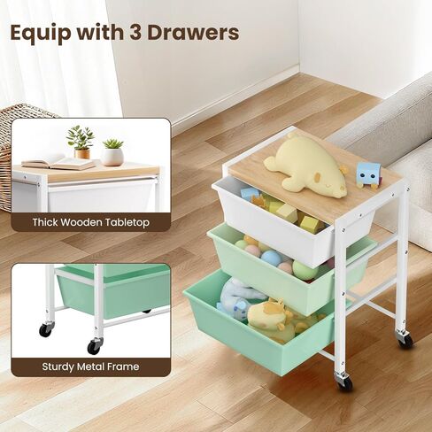 عربة مرفوعة مع 3 أدراج ، عربات تخزين للأدراج البلاستيكية مع عجلات قابلة للقفل والطاولة الخشبية ، منظم العربة المعدنية ، منظمة حرفة في غرفة نوم المكاتب ، تخزين أبيض مشرق in Kuwait