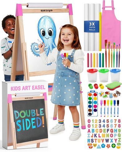 Blue Squid Art Easel for Kids, Easels for Toddlers | Adjustable Art Easel with Paper Roll, Magnetic Kid Chalkboard Easel Double Sided, Toddler White Board Toddler Easel for Kids 100+ Accessories in Kuwait