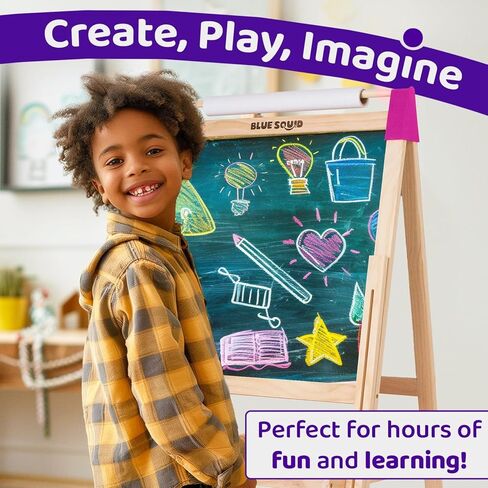 Blue Squid Art Easel for Kids, Easels for Toddlers | Adjustable Art Easel with Paper Roll, Magnetic Kid Chalkboard Easel Double Sided, Toddler White Board Toddler Easel for Kids 100+ Accessories in Kuwait