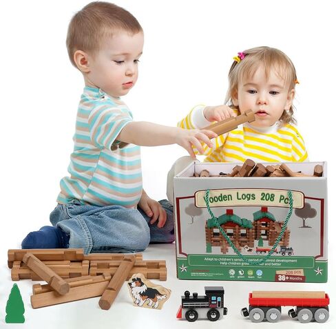 WonderToys 164 PCS مجموعة خشبية السجل مجموعة سجلات خشبية حقيقية سجلات البناء الكلاسيكية الأعمار in Kuwait