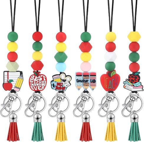 Misdary 6 Pcs Teacher Lanyard Silicone Beaded Badge with Breakaway Clasp Durable Silicone Beaded Lanyard Cute Teacher Gift for ID Badges Holder Keychain Women in Saudi Arabia