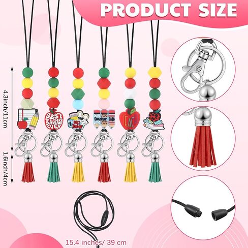 Misdary 6 Pcs Teacher Lanyard Silicone Beaded Badge with Breakaway Clasp Durable Silicone Beaded Lanyard Cute Teacher Gift for ID Badges Holder Keychain Women in Saudi Arabia