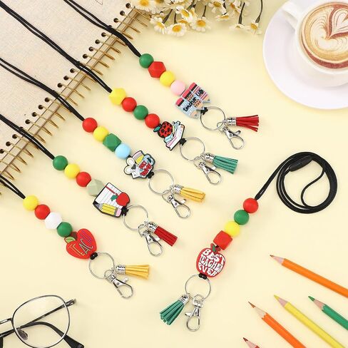Misdary 6 Pcs Teacher Lanyard Silicone Beaded Badge with Breakaway Clasp Durable Silicone Beaded Lanyard Cute Teacher Gift for ID Badges Holder Keychain Women in Saudi Arabia