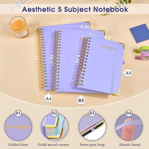 Hardcover Spiral Notebooks for Work, 5 Subject Notebook College Ruled with Dividers Tabs, 8.5" x 11" Lined Notebook Journal for women, A4 Large Notebooks for School Note taking, 240 Pages Black in Kuwait