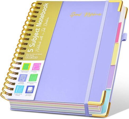 Hardcover Spiral Notebooks for Work, 5 Subject Notebook College Ruled with Dividers Tabs, 8.5" x 11" Lined Notebook Journal for women, A4 Large Notebooks for School Note taking, 240 Pages Black in Kuwait