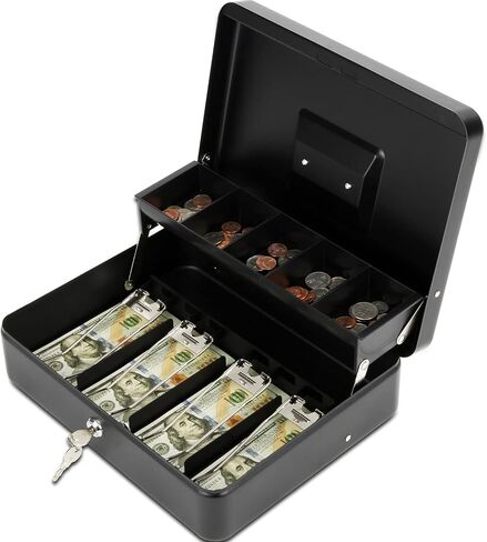Large Locking Cash Box with Key Lock and Money Tray, Money Box with Cash Tray, Lock Safe Box for Office Business (Matte Black Side-Key) in Kuwait