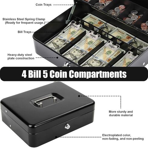 Large Locking Cash Box with Key Lock and Money Tray, Money Box with Cash Tray, Lock Safe Box for Office Business (Matte Black Side-Key) in Kuwait