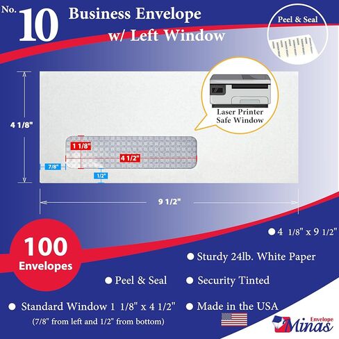 500 Minas Envelope #10 Business Envelope, Laser/ Inkjet Compatible, Peel & Seal, Left Window, Security-Tinted, White, 500/Box in Kuwait