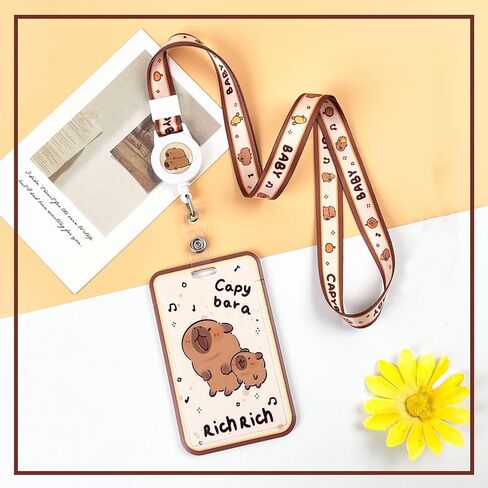 Capybara Retractable Lanyards for ID Badges Cute Capybara Lanyard ID Holder Durable Plastic Card Sleeve with Adjustable Strap Cartoon Animal Lanyard Holder for Bus Office School Driver Teacher in Saudi Arabia