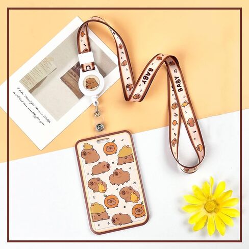 Capybara Retractable Lanyards for ID Badges Cute Capybara Lanyard ID Holder Durable Plastic Card Sleeve with Adjustable Strap Cartoon Animal Lanyard Holder for Bus Office School Driver Teacher in Saudi Arabia