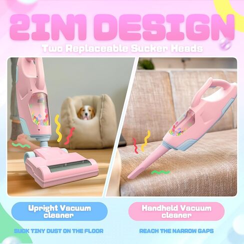 Smilesskiddo Kids Vacuum الذي يعمل حقًا - فراغ لعبة طفل مع فوهتين ، وأفعال صوتية وورقة ، ولعب التدبير المنزلي للأطفال الأولاد والبنات (الوردي) in Kuwait
