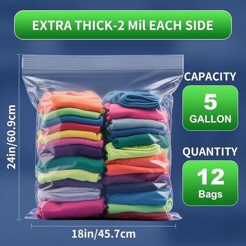 25PACK Large 5 Gallon Zipper Bags for Storage18 x 24 Inch, Large Clear Zipper Bags Reusable for Clothes, Travel, Moving & Freezer Storage Freezer bags,Thick 2 Mil Each Side in Kuwait