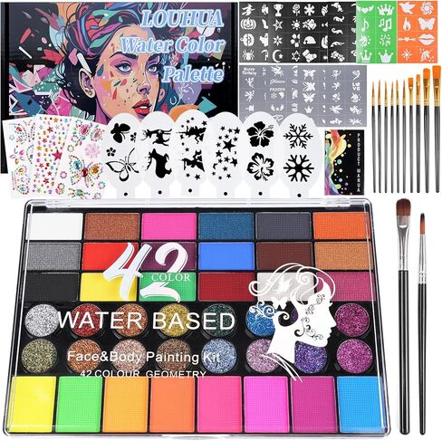 54 Colors Face Painting Kit for Kids, Professional Water Activated Face paint Makeup Kit with Stencils, Gem Stickers, Brushes, for for Carnivals, Theme Parties, Festivals, Halloween Cospaly in Kuwait