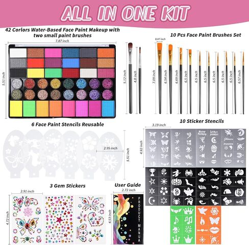 54 Colors Face Painting Kit for Kids, Professional Water Activated Face paint Makeup Kit with Stencils, Gem Stickers, Brushes, for for Carnivals, Theme Parties, Festivals, Halloween Cospaly in Kuwait